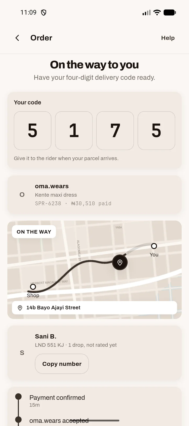 On the way to you: your delivery code 5 1 7 5 and the rider's route on a map.
