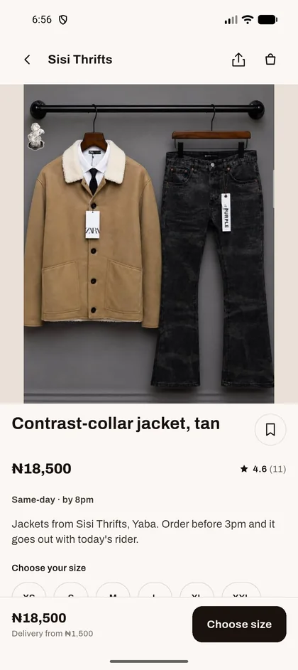 A piece's page: Contrast-collar jacket, ₦18,500, same day by 8pm, order before 3pm.
