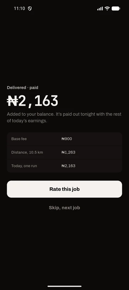 Delivered and paid: ₦2,163, itemised as a ₦900 base fee and ₦1,263 for 10.5 km.