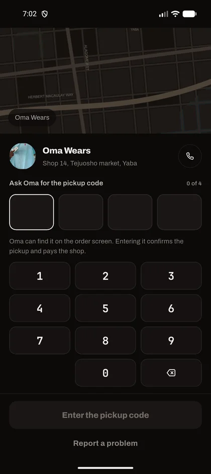 Spree Rider at the shop: a map, Oma Wears, and a keypad to enter the pickup code.