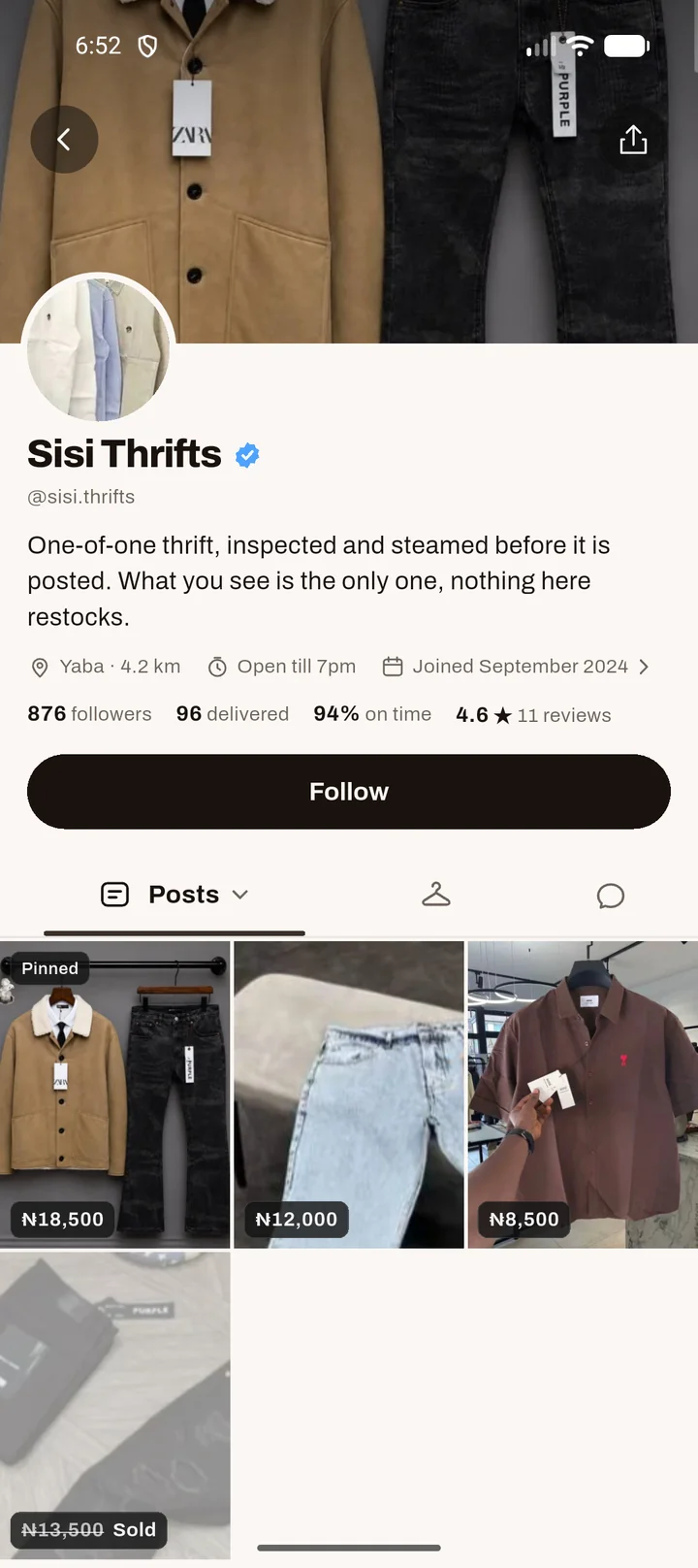 A shop's storefront on Spree: Sisi Thrifts in Yaba, 876 followers, 96 delivered, 94% on time, with its pieces and prices.